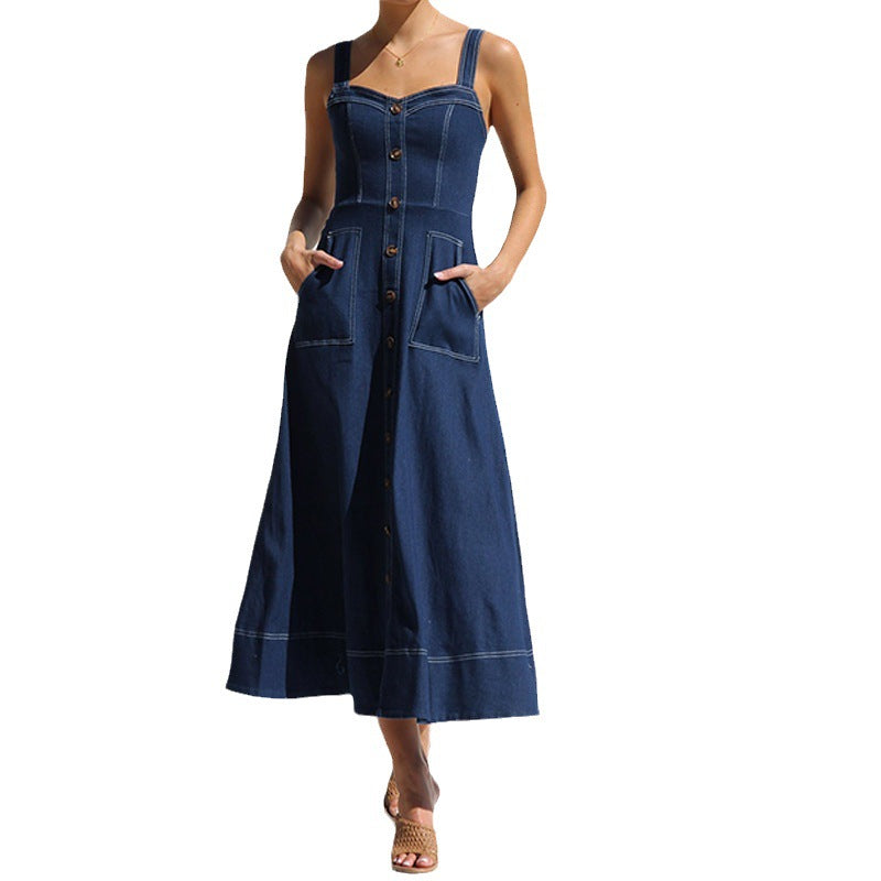 Stilla | Knap-Op Slidt Casual Denim Lang Kjole