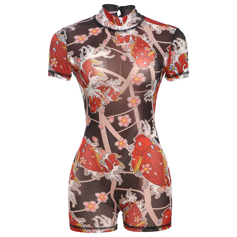 Dame figursyet kort jumpsuit med høj krave og blomstret design Stilla