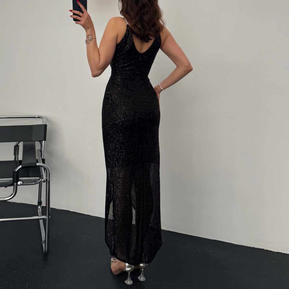 Dame Elegant Funktionskjole med skinnende paljettstof og dyb V-udskæring Stilla