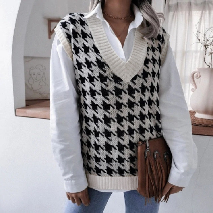 Dame strikvest med moderne houndstooth mønster Stilla