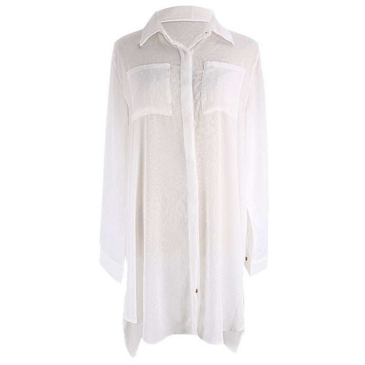 Dame afslappet strandskjorte med lange ærmer og knapdetaljer Stilla