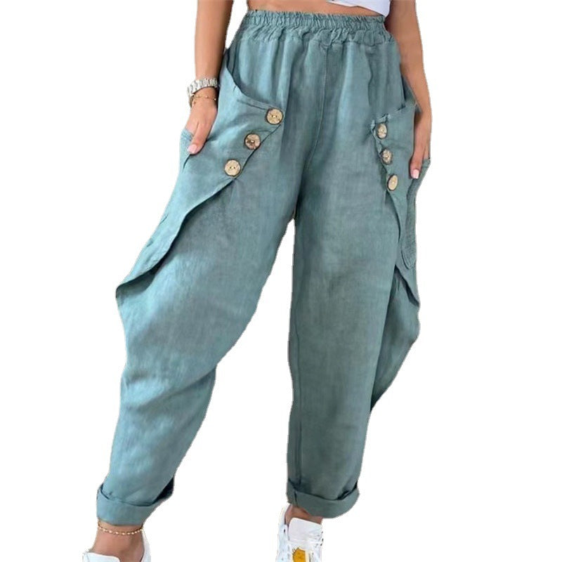 Dame Casual Cargo Bukser med Knapdetaljer og Bred Snit Stilla