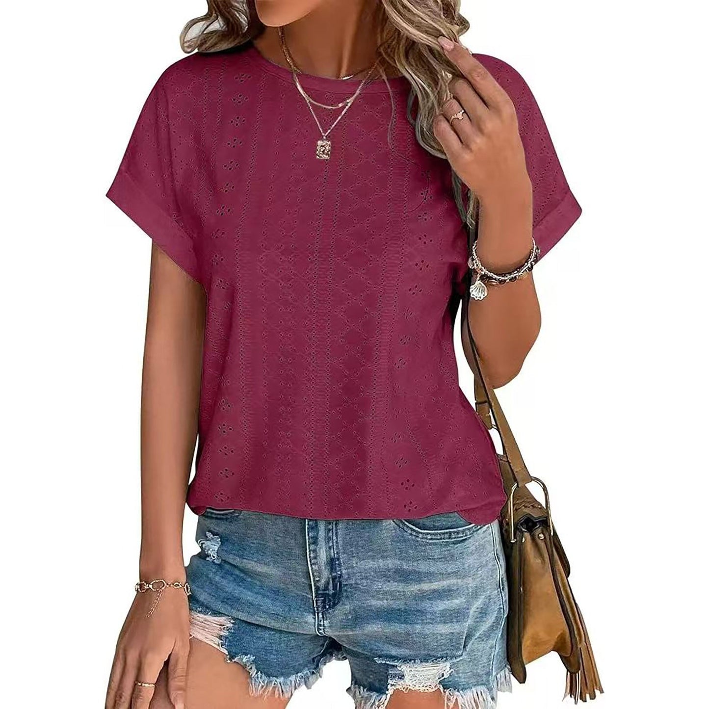 Stilla | Basic Solid Rund Hals Løs Kort Ærme T-shirt