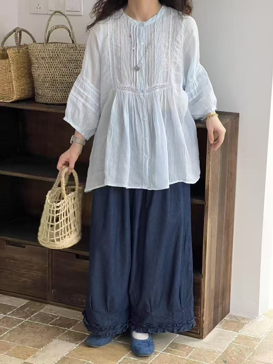 Dame Button-Up Bohemian Bluse med Blonde Stilla