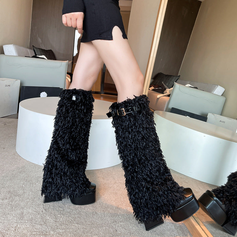 Femme Luxe Fuzzy Over-knæet Stiletto Støvler Stilla