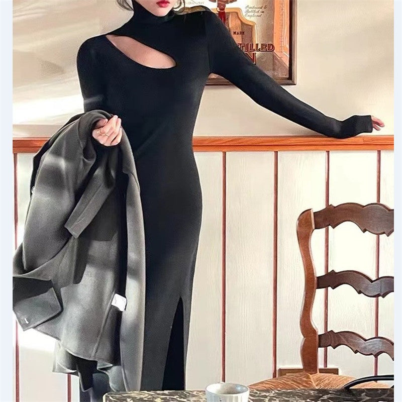 Dame High-Slit Strik Midi Kjole med Rullekrave Stilla