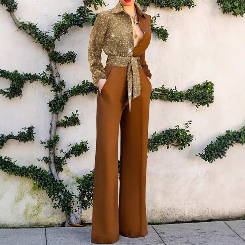 Kvinder Elegant Jumpsuit med glitrende overdel og bredt ben Stilla