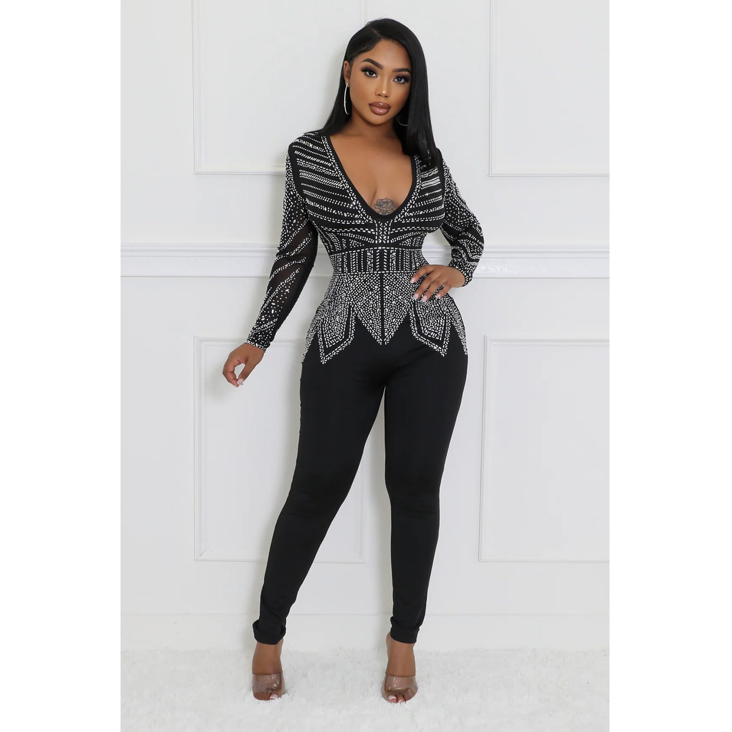 Dame Elegant Bodycon Jumpsuit med strassdekorationer og dyb V-udskæring Stilla
