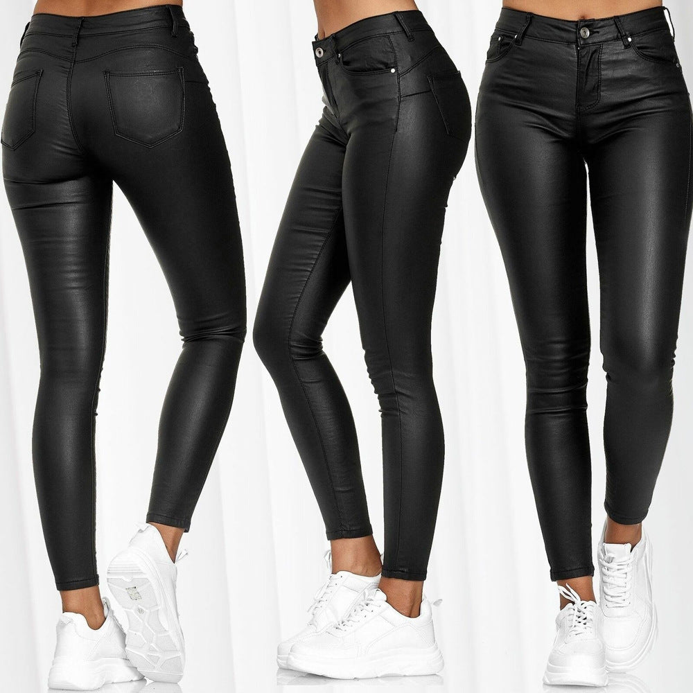 Dame Højdeskåret Skinny Jeans i Læderlook med Lommer Stilla