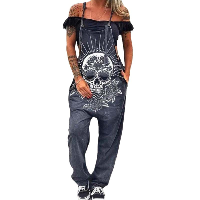 Damer Casual Jumpsuit med stilfuldt solskinsprint og dødningehovedmotiver Stilla