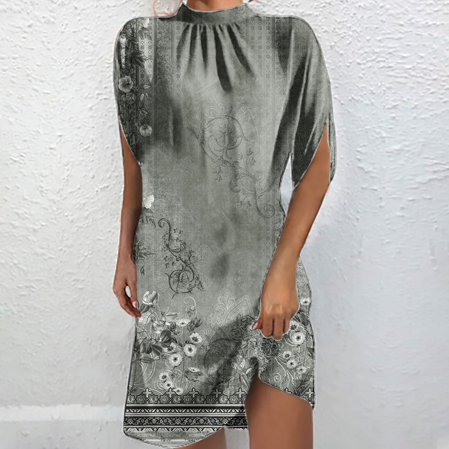 Dame Elegant Høj Hals Blomster Mini Kjole Stilla