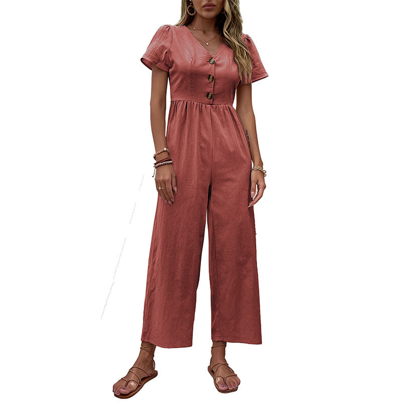 Dame Elegant Knap-Foroven Bredbenet Jumpsuit Stilla