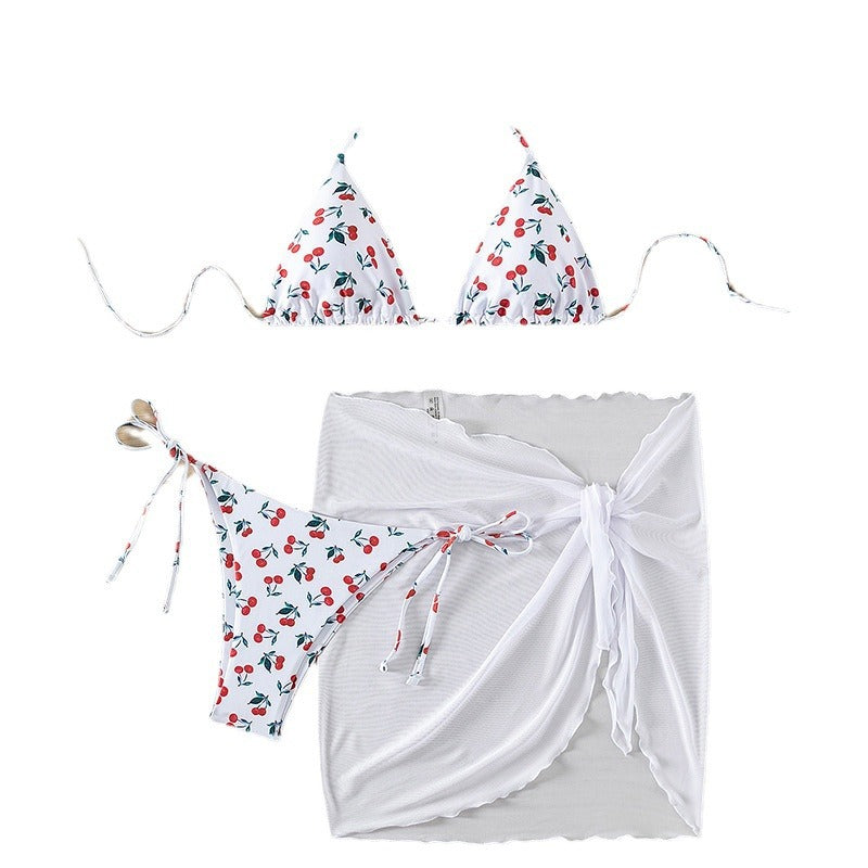 Dame Triangel-Bikini-sæt med gennemsigtig sarong og legesygt kirsebærmønster Stilla