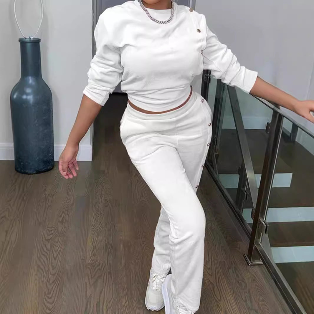 Dame Sporty fritidsoutfit med knapbart overdel og elastiske bukser Stilla