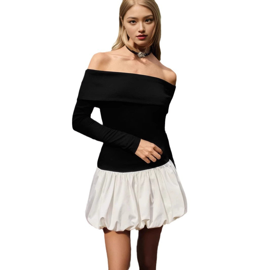 Dame Off-Shoulder Minikjole med volumniøs kant og lange ærmer Stilla