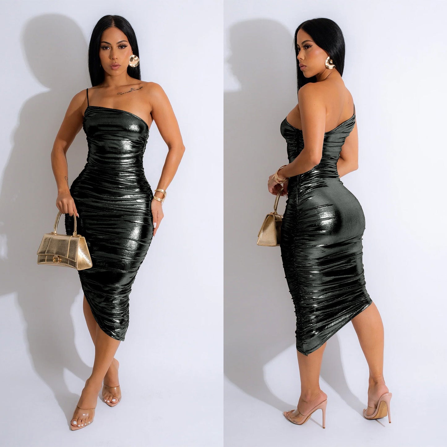 Dame Skinnende Bodycon-kjole med asymmetrisk kant og ruching Stilla