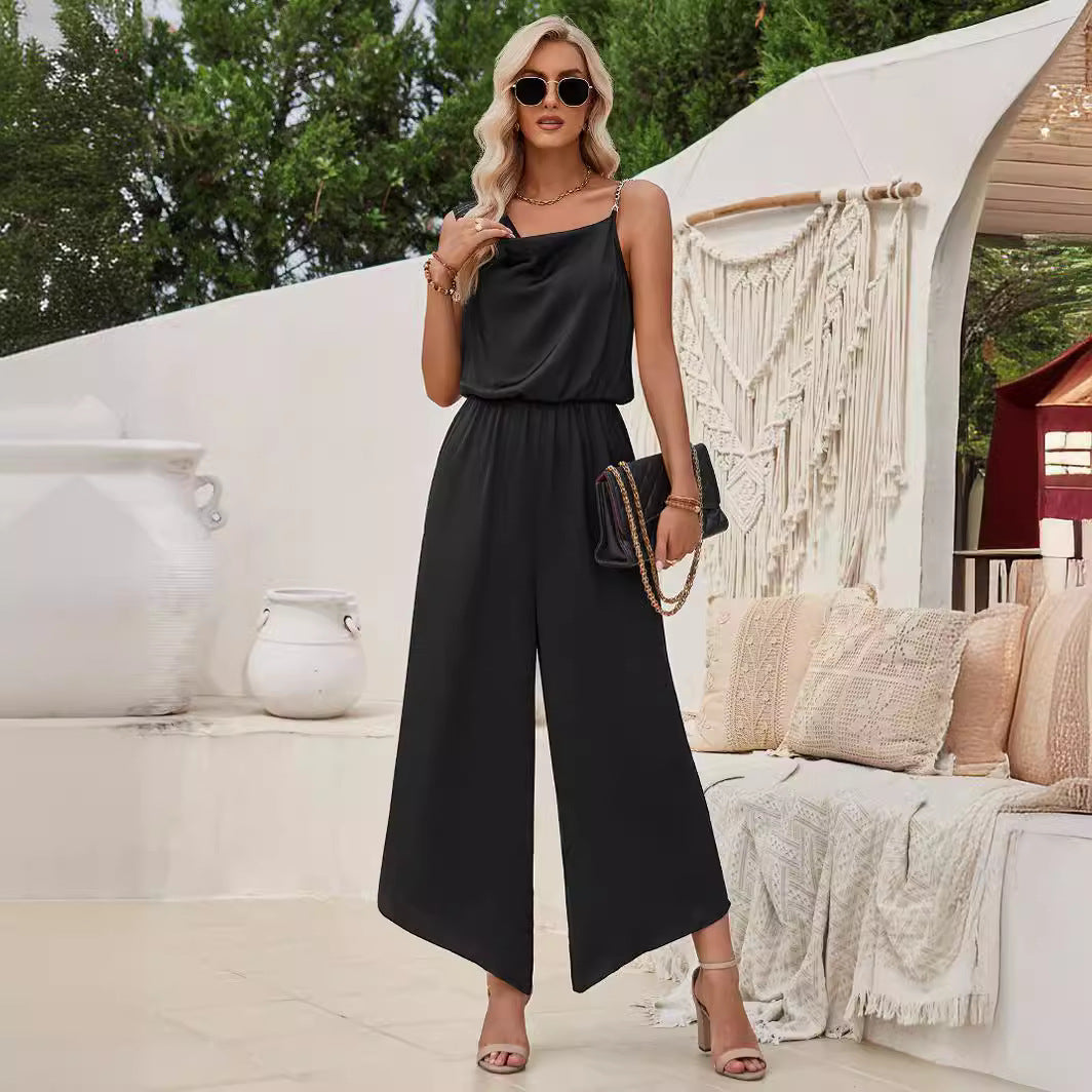 Dame elegant jumpsuit med asymmetrisk udskæring og bredt ben Stilla