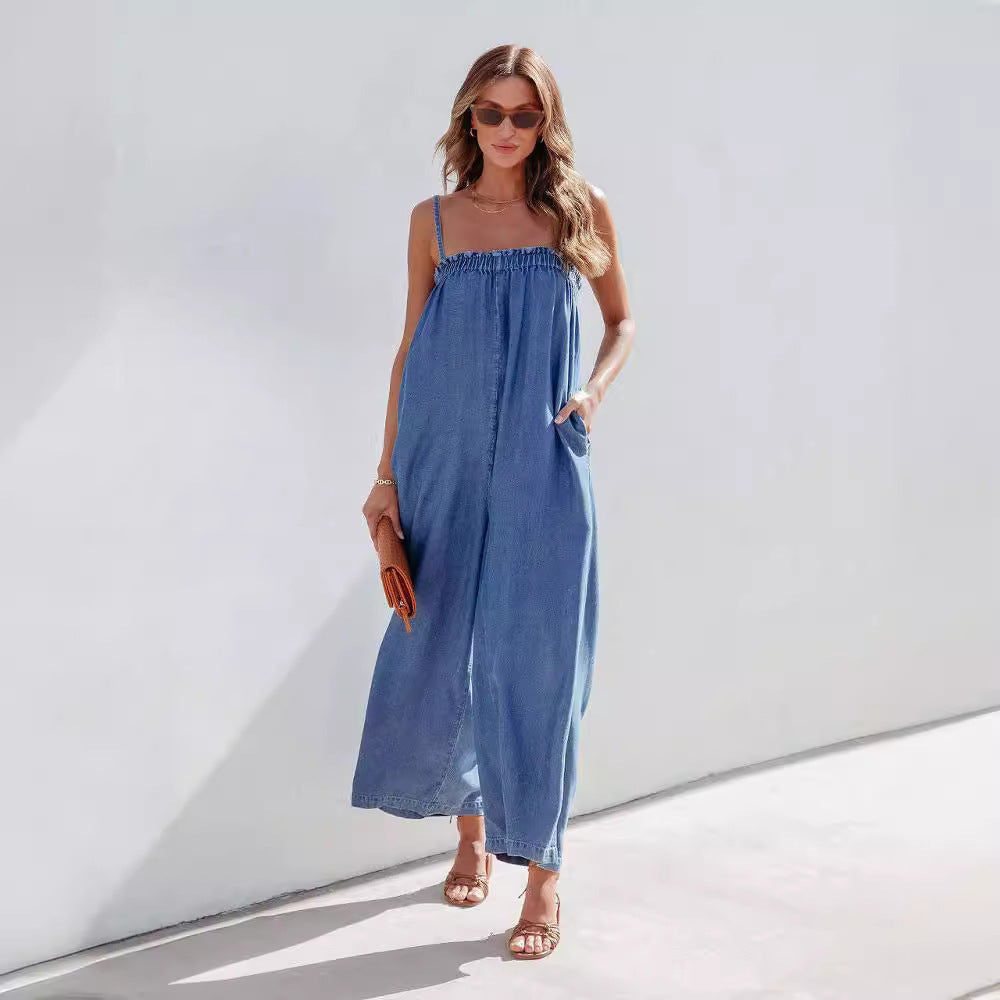 Dame Relaxed Fit Denim Jumpsuit med justerbare stropper Stilla