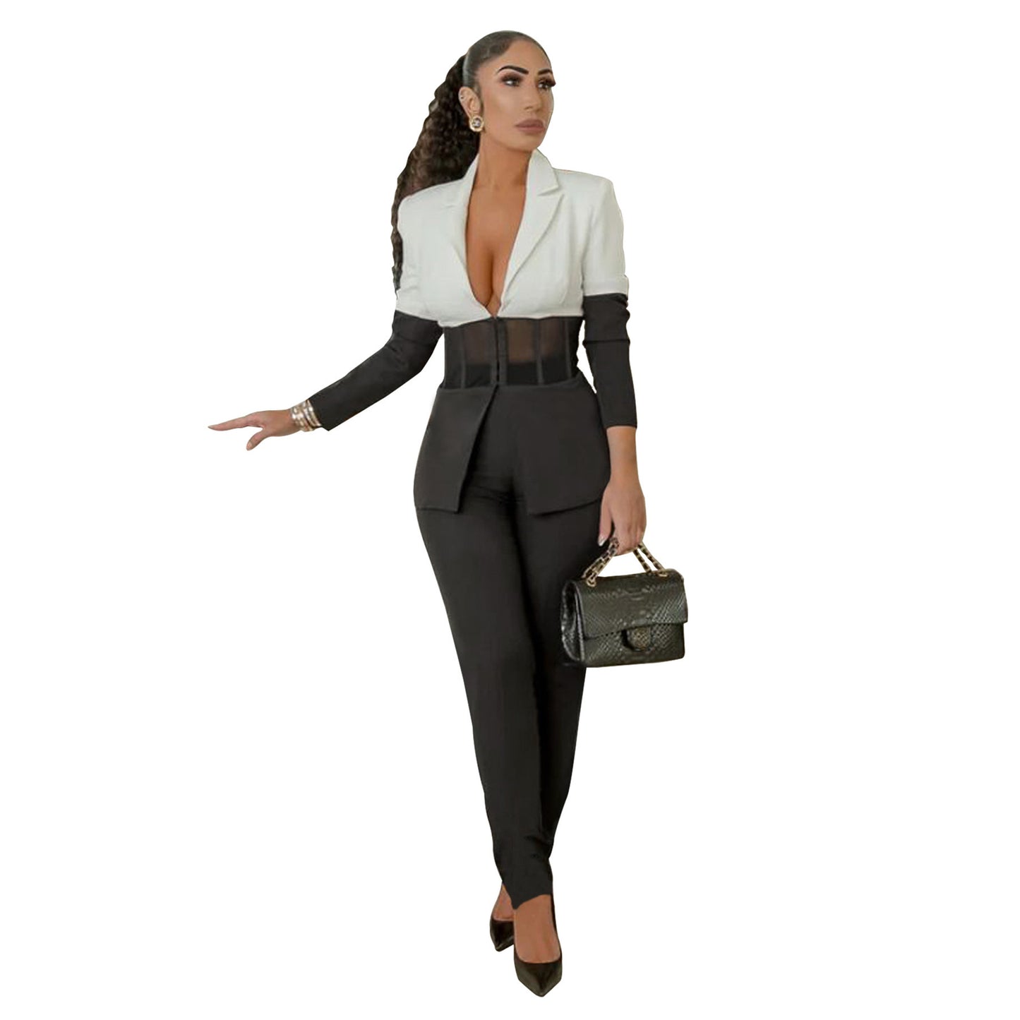 Dame elegant jumpsuit med gennemsigtige indsatser og figursyet silhouette Stilla