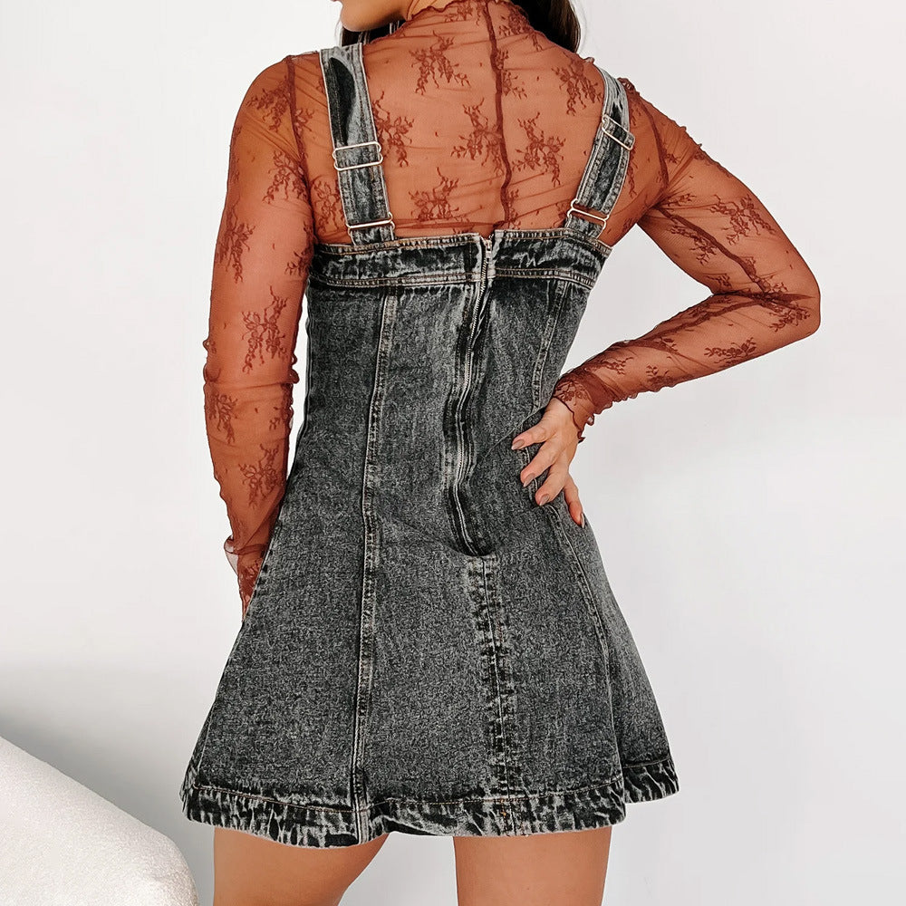 Dame Denim-forhængskjole med justerbare stropper og høj kvalitet forarbejdning Stilla