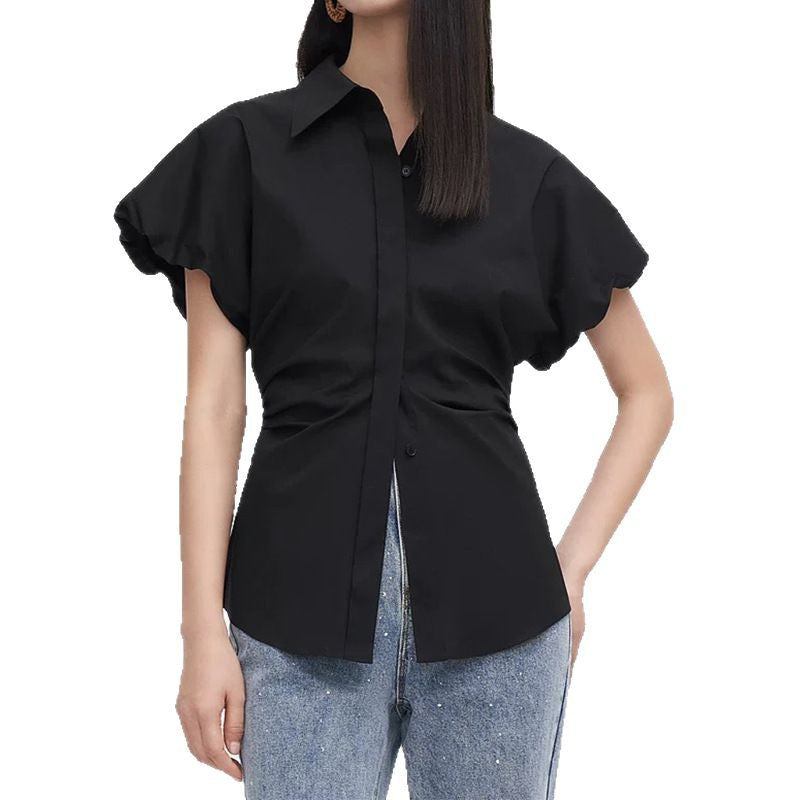 Dame elegant bluse med rynkning og korte ærmer Stilla