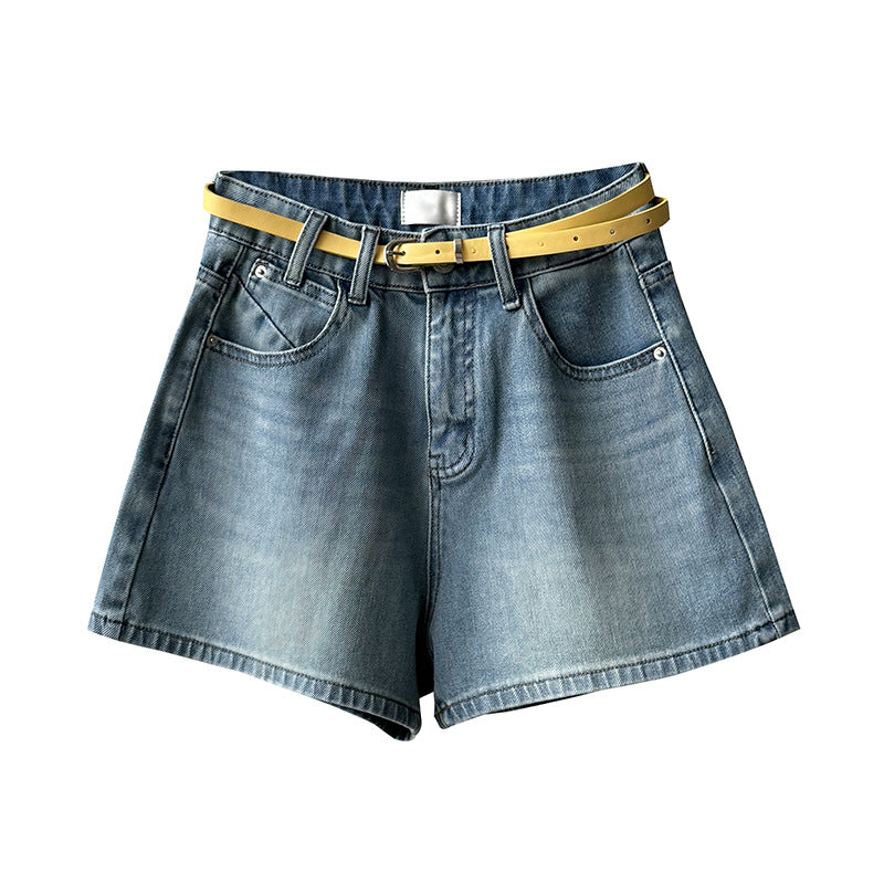 Dame afslappede højtaljede jeansshorts med farverig taljebælte Stilla