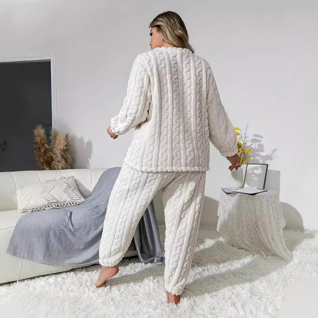 Dame strik-loungewear sæt med kabelmønster og elastisk bund Stilla