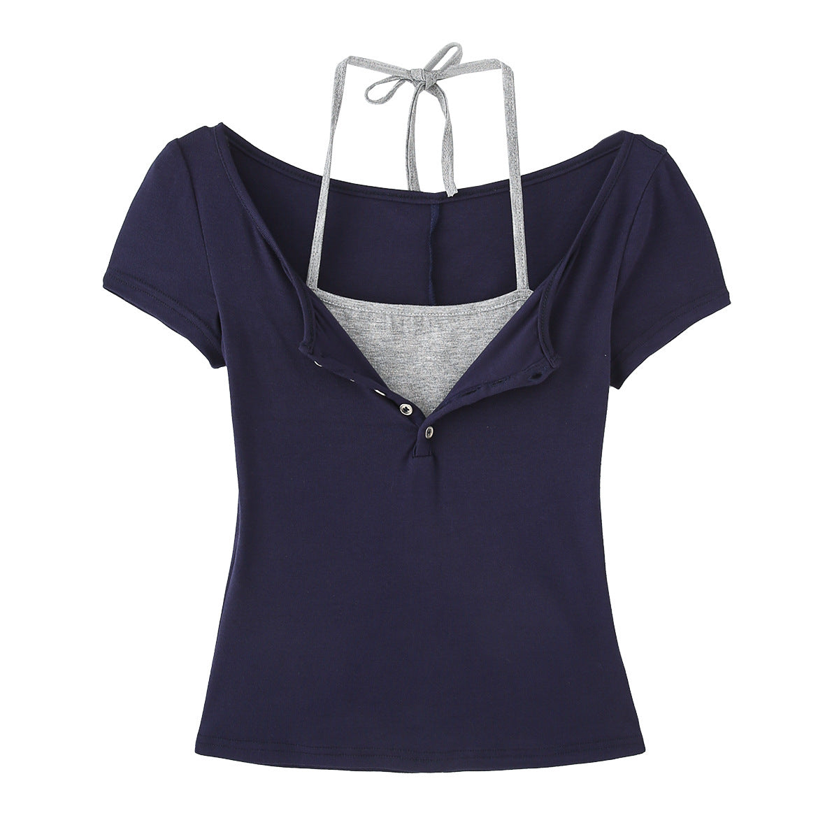 Dame Cropped T-shirt med justerbare spaghetti-stropper og knapdetaljering Stilla