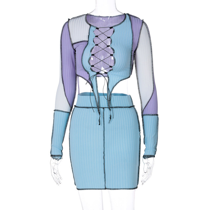 Dame Crop-Top og nederdel sæt med iøjnefaldende kontrastpaneler og snørrelook Stilla