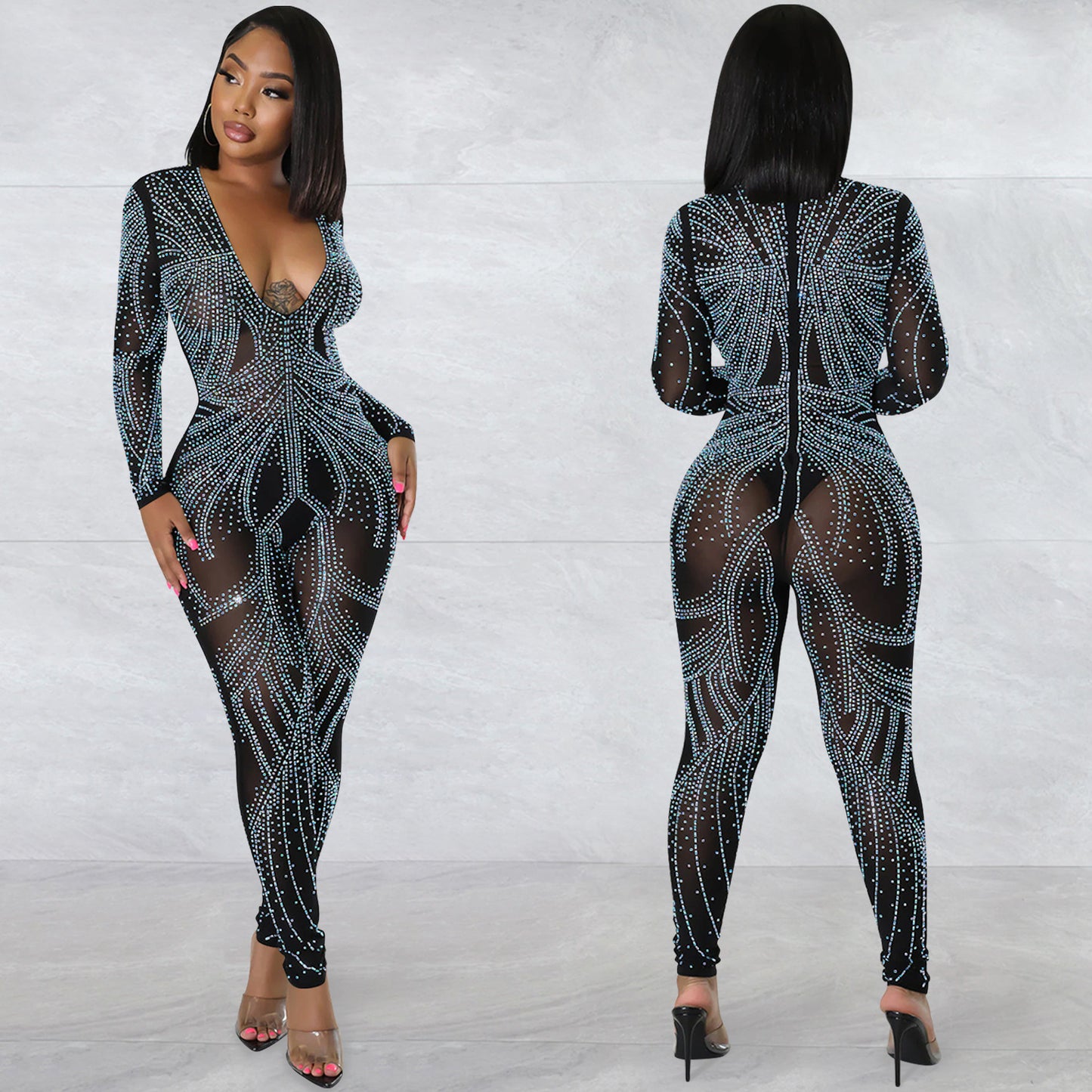 Dame elegant jumpsuit med strassdekorationer og dyb udskæring Stilla