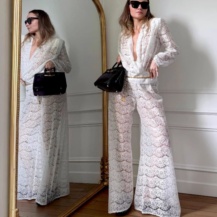 Dame jumpsuit af elegantspitze med flydende snit og bredt ben Stilla