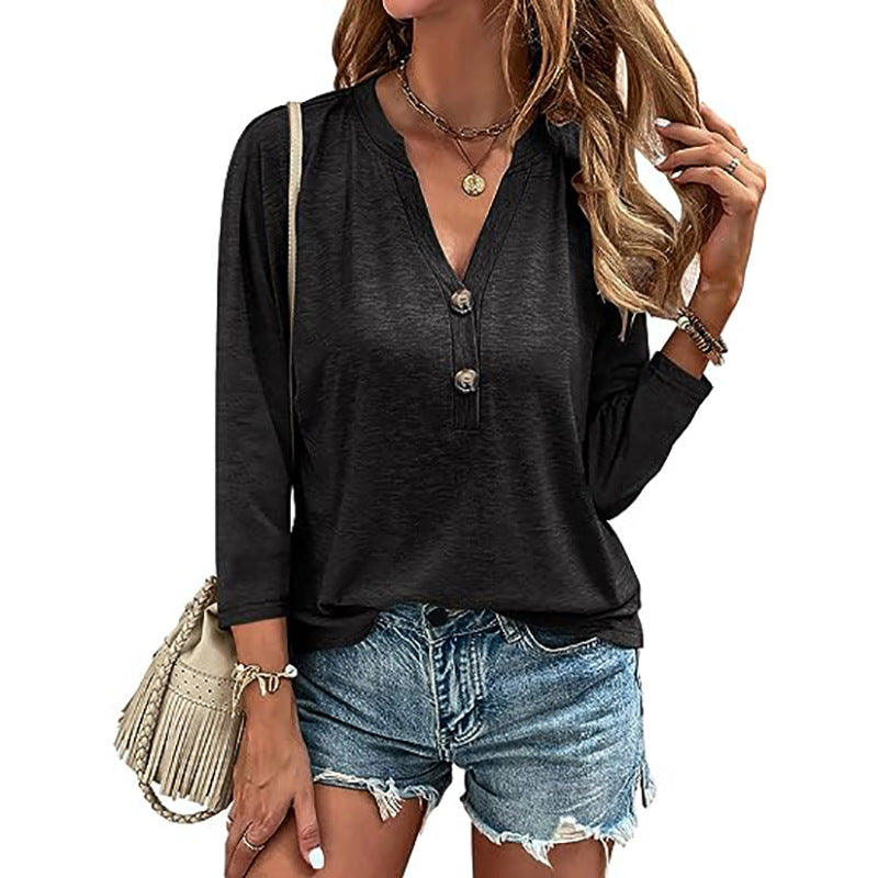 Dame afslappet langærmet skjorte med knapdetaljer og V-hals Stilla