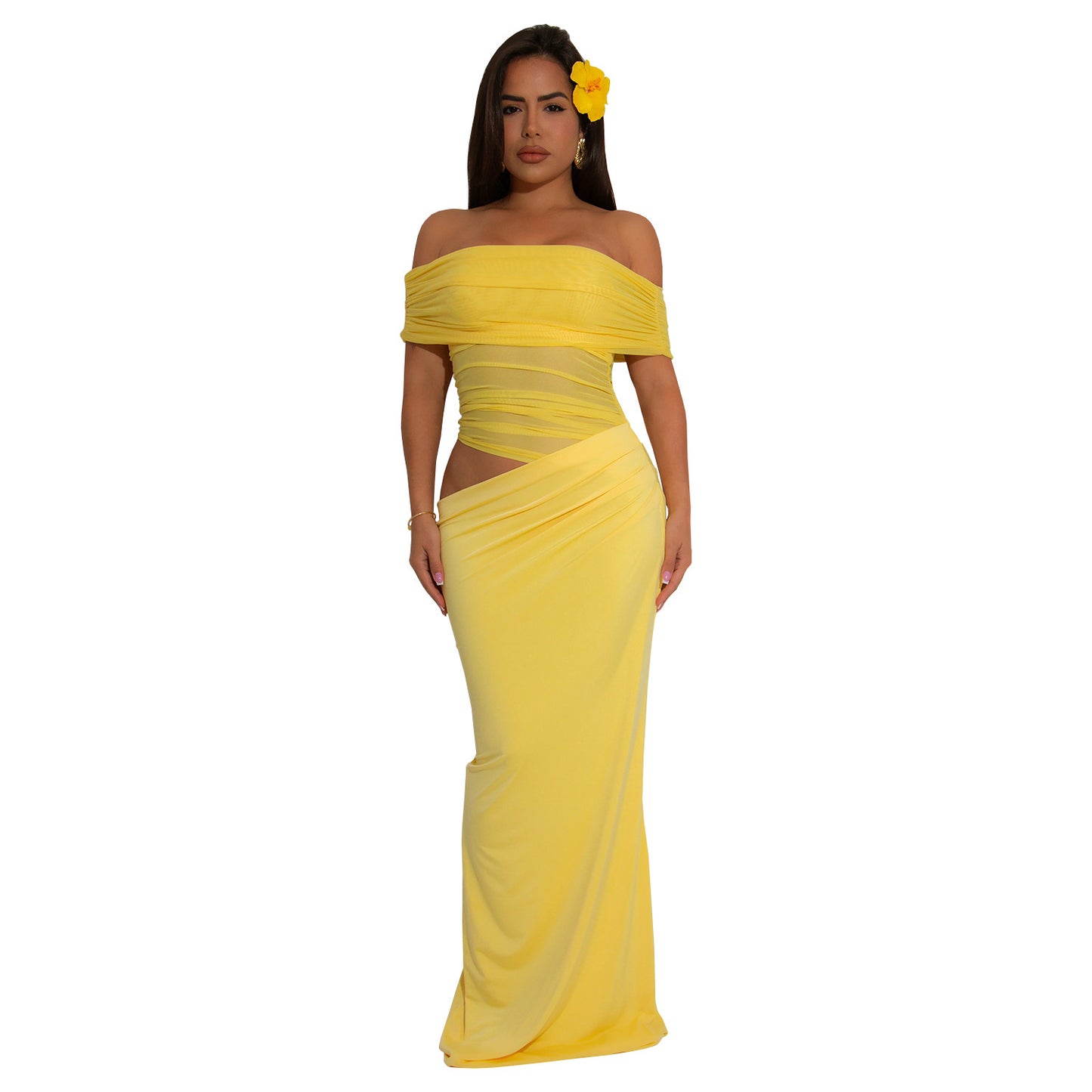 Dame Elegant Off-Shoulder-Maxi-Kjole med figursyet snit og rynk Stilla