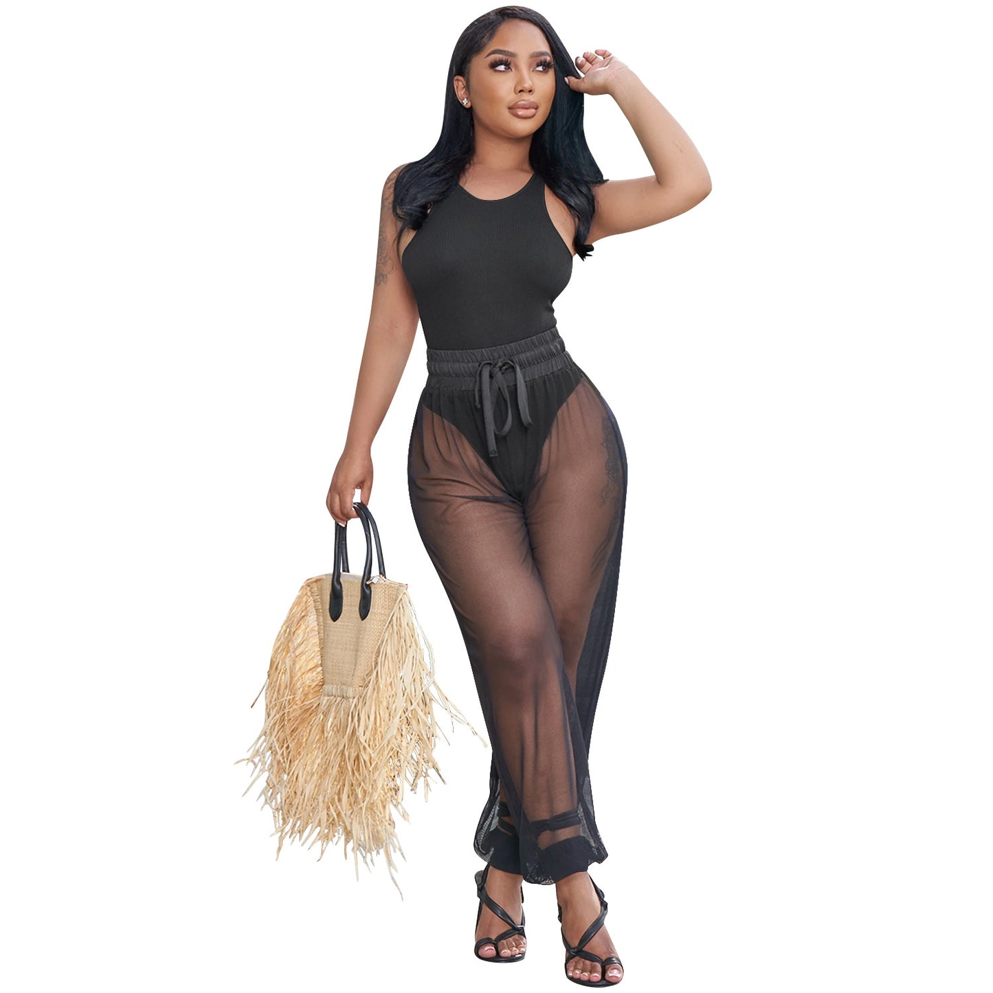 Dame Stilfuld Strand-Jumpsuit med gennemsigtigt design og elastisk talje Stilla