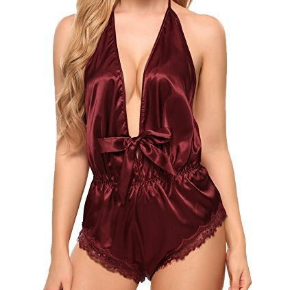 Dame Satin Halterneck Bodysuit med Spidsbesætning Stilla
