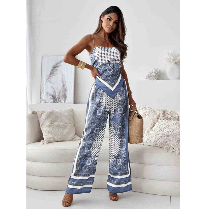 Dame maksimal bicolor jumpsuit med fine stropper og stilfuldt mønster Stilla