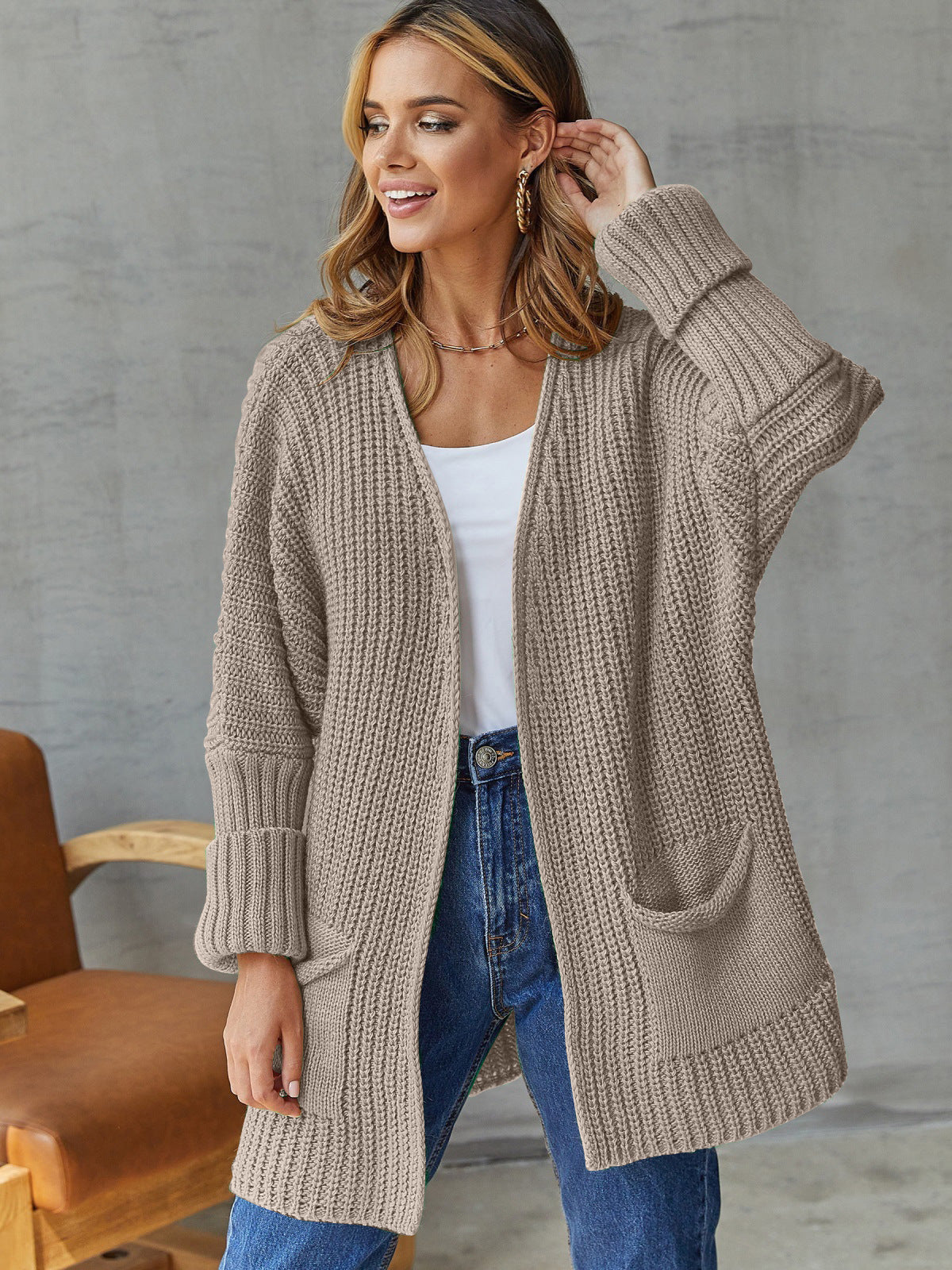 Femme Struktureret Åben Strikcardigan med Lomme detaljer Stilla