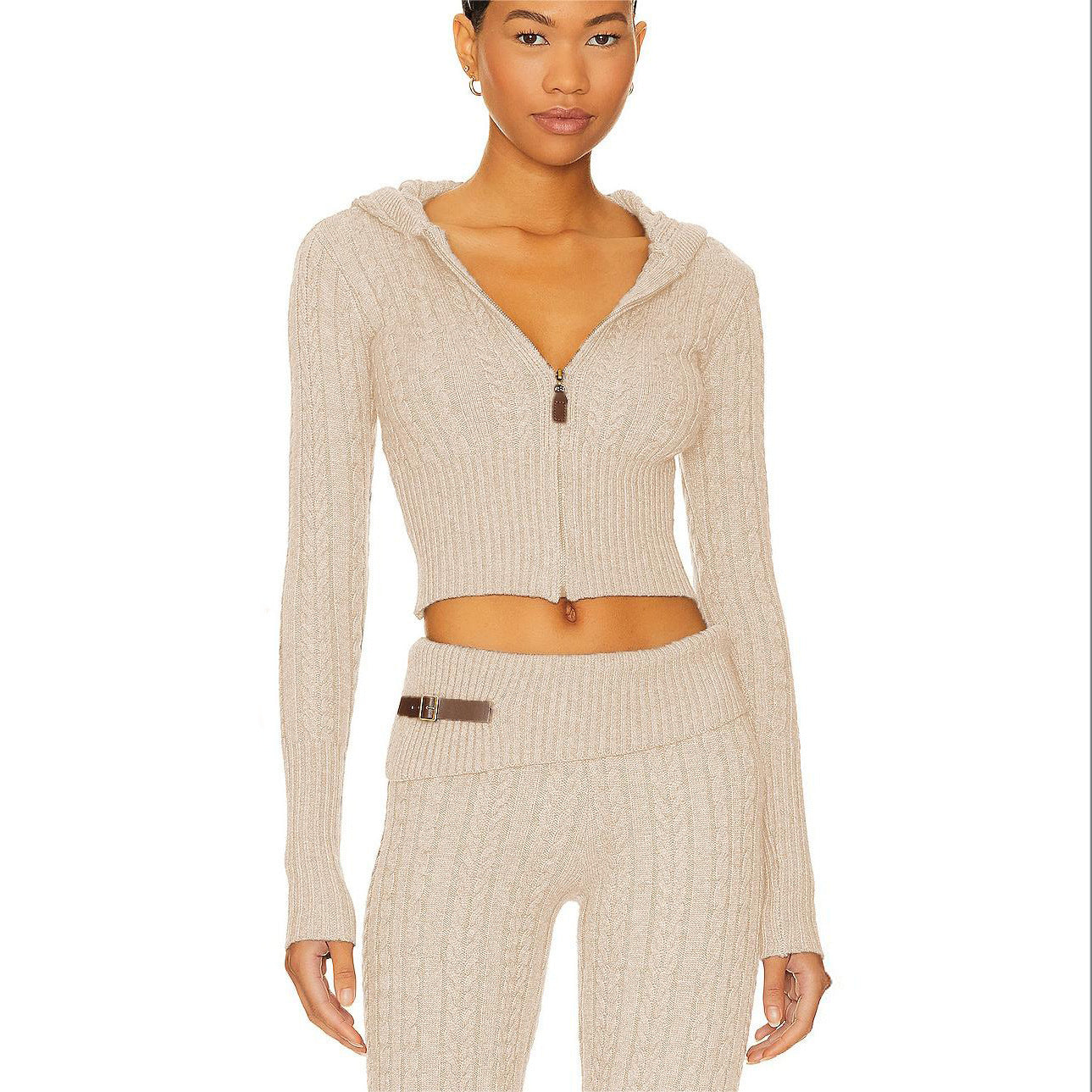 Femme Cozy Cropped Kabelstrik Hoodie Sæt Stilla