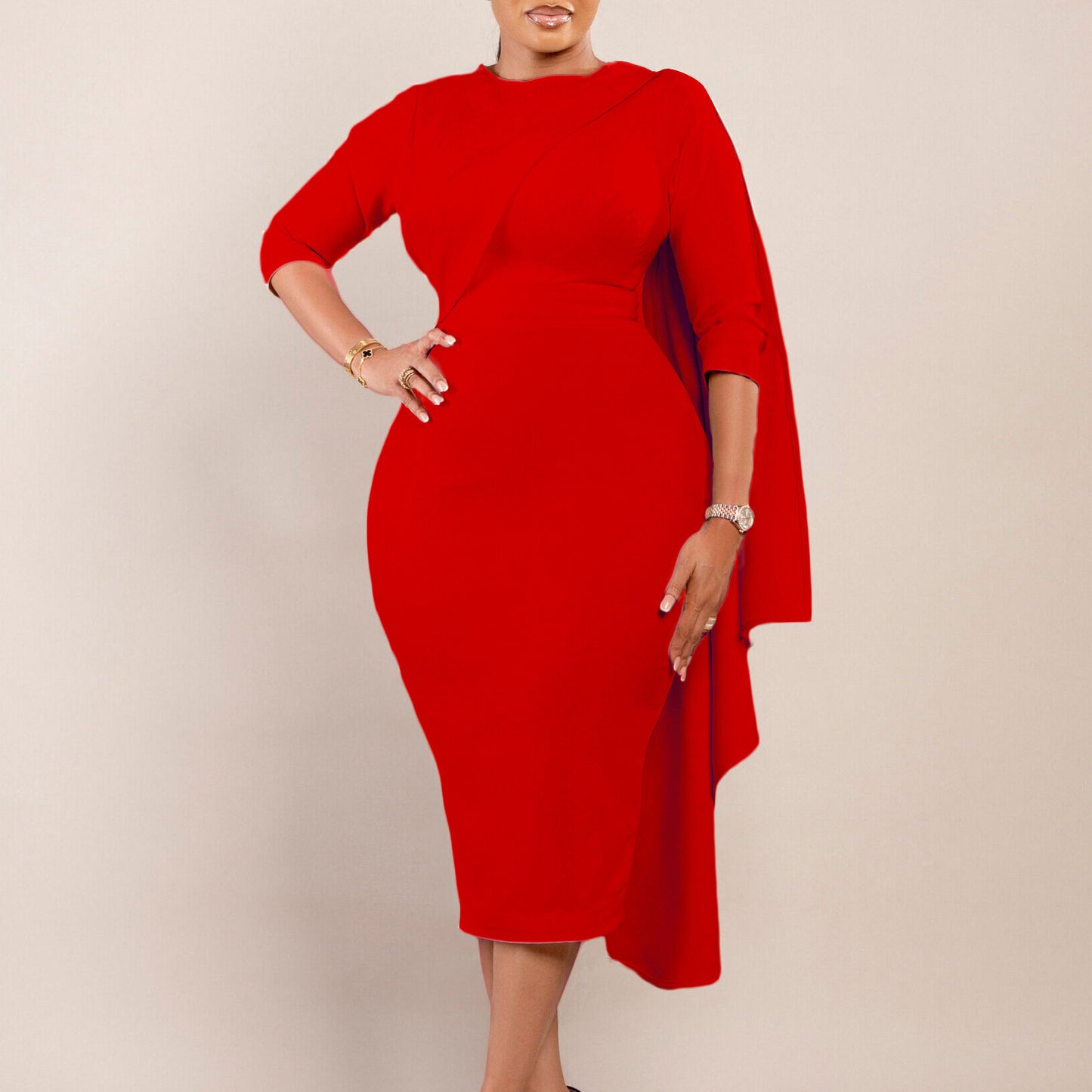 Dame Elegant kjole med asymmetrisk drapering og lange ærmer Stilla