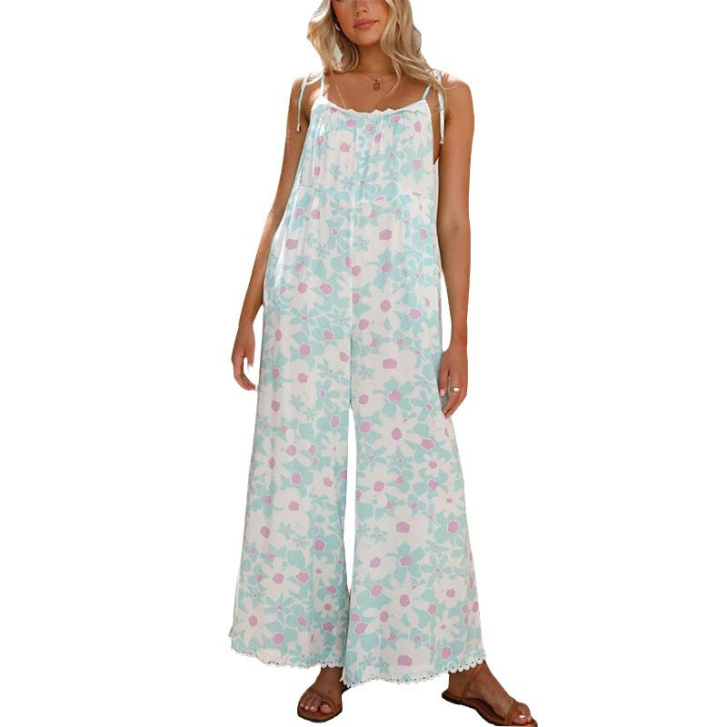 Dame luftig jumpsuit med blomstermønster og justerbare spaghetti-stropper Stilla