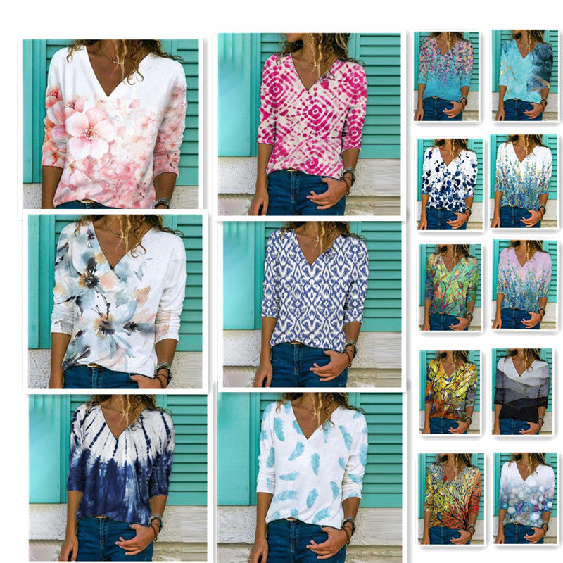 Stilla | Fashionable Print V Hals Langærmet T-shirt