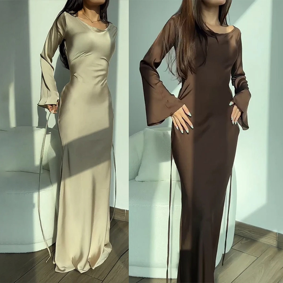 Dame Elegant Satin-maxikjole med dybere ryg og pufærme detaljer Stiila