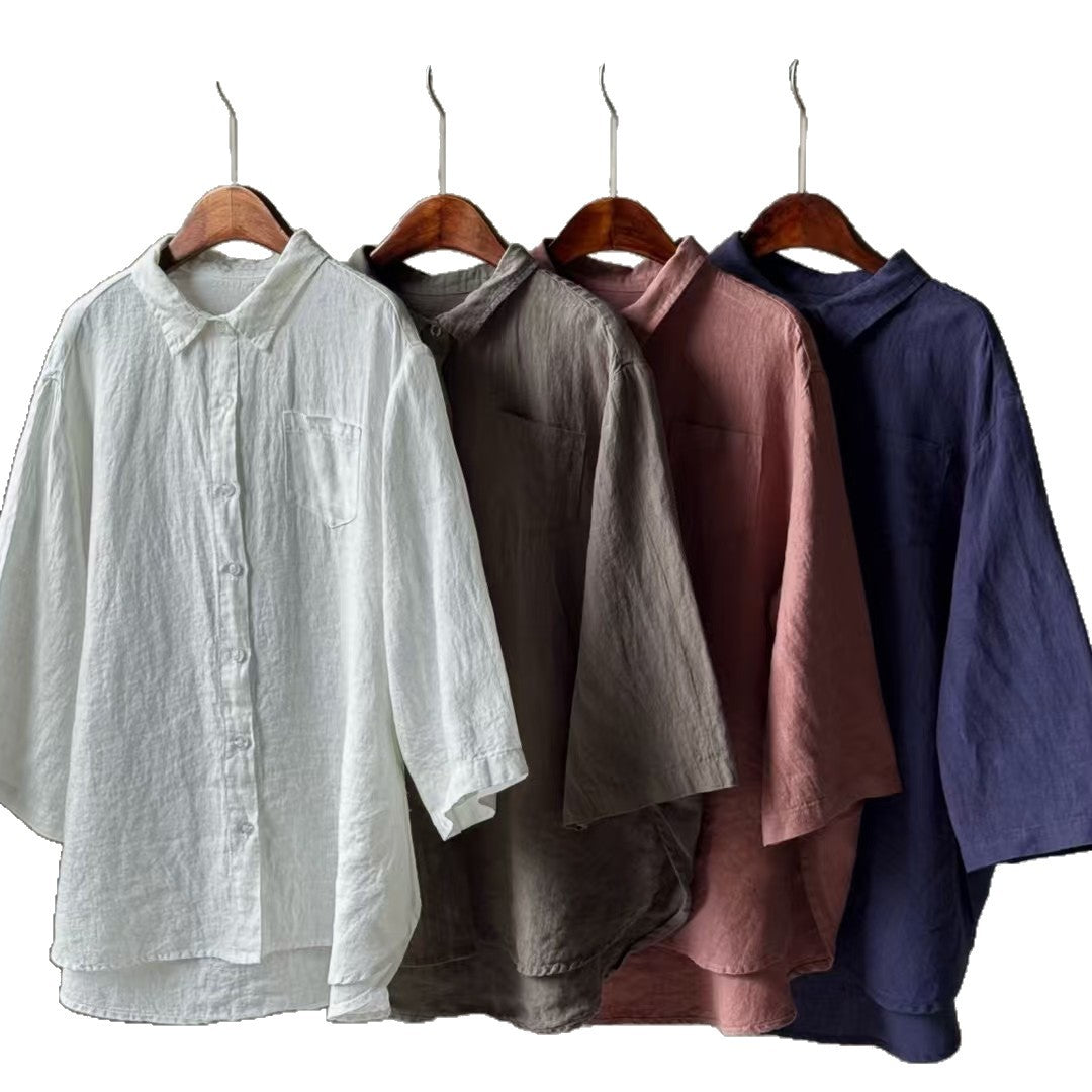 Dame Afslappet Fit Linned Knap-Up Skjorte Stilla