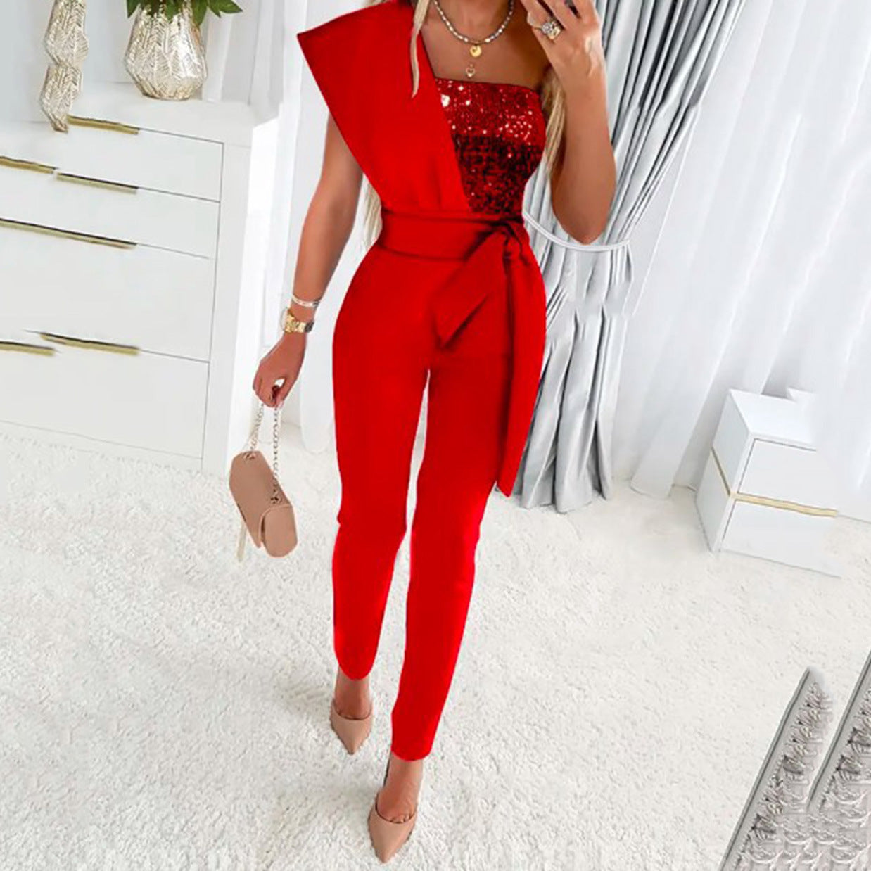 Dame elegant jumpsuit med asymmetrisk snit og glitrende overdel Stilla