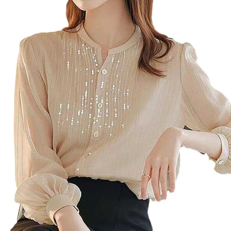 Dame elegant bluse med fine detaljer og glitrende applikationer Stilla