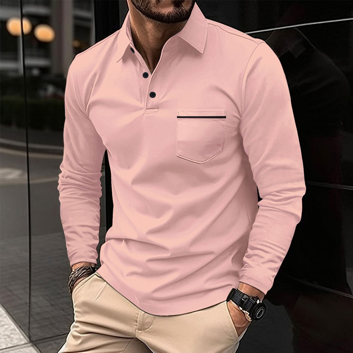 Herrer Langærmet Poloshirt med moderne krave og praktisk brystlomme Stilla