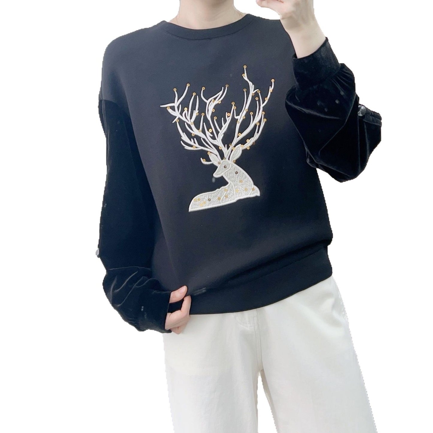 Dame sweatshirt med kunstnerisk hjorte-motiv og elegante pudderærmer Stilla