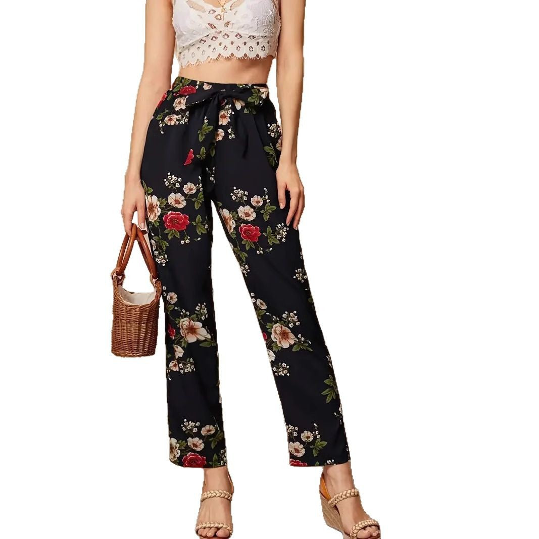 Dame Elegant fritidsbukser med blomstermønster og bælte Stilla