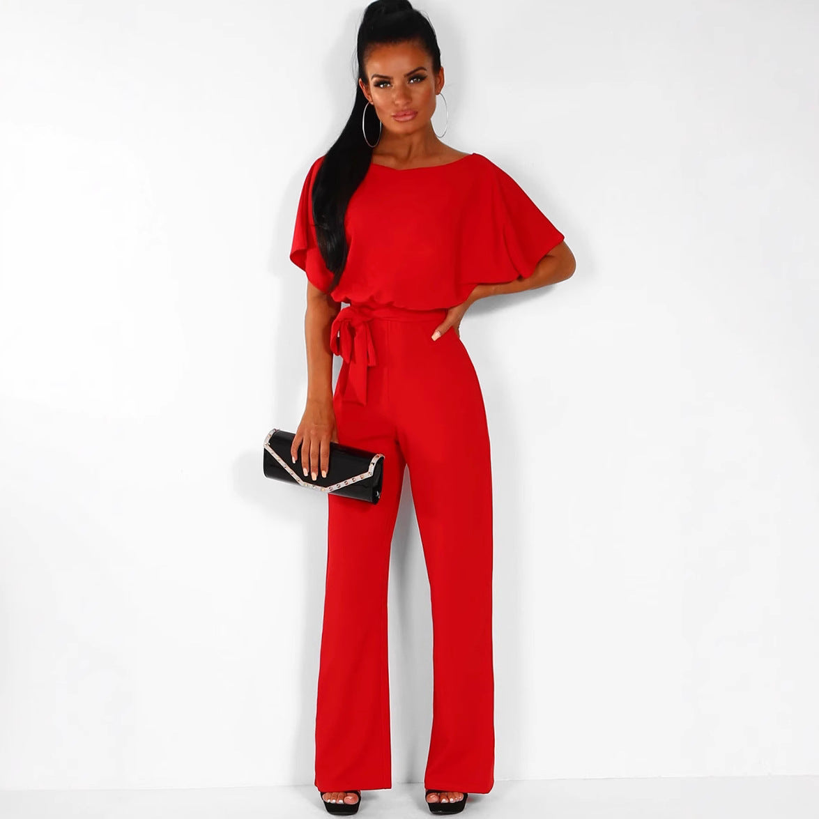 Dame bredbenet jumpsuit med stilfuld bindebælte Stilla