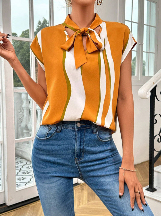 Dame elegant blusenshirt med mode sløjfekrave og grafisk mønster Stilla